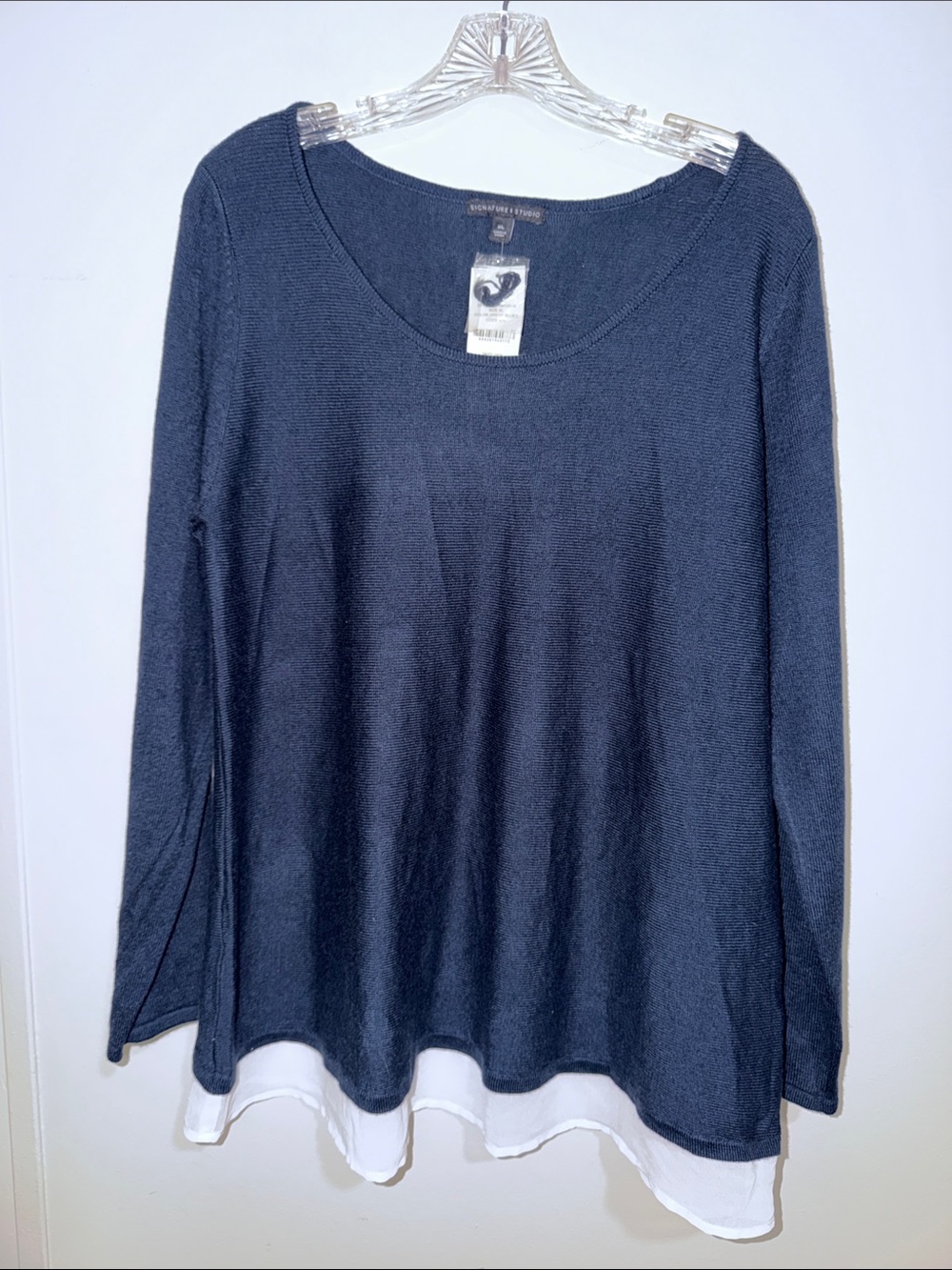 Signature Studio Navy Long Sleeve Scoop Neck Top with White Layered Hem
